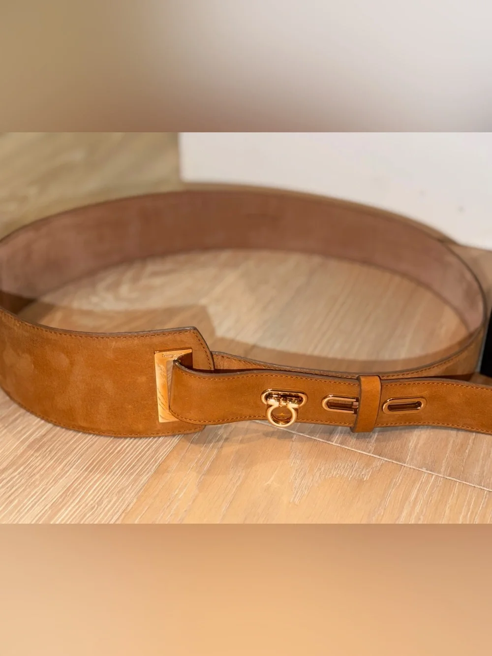 Salvatore Ferragamo Suede Belt in Cognac with Gold Hardware